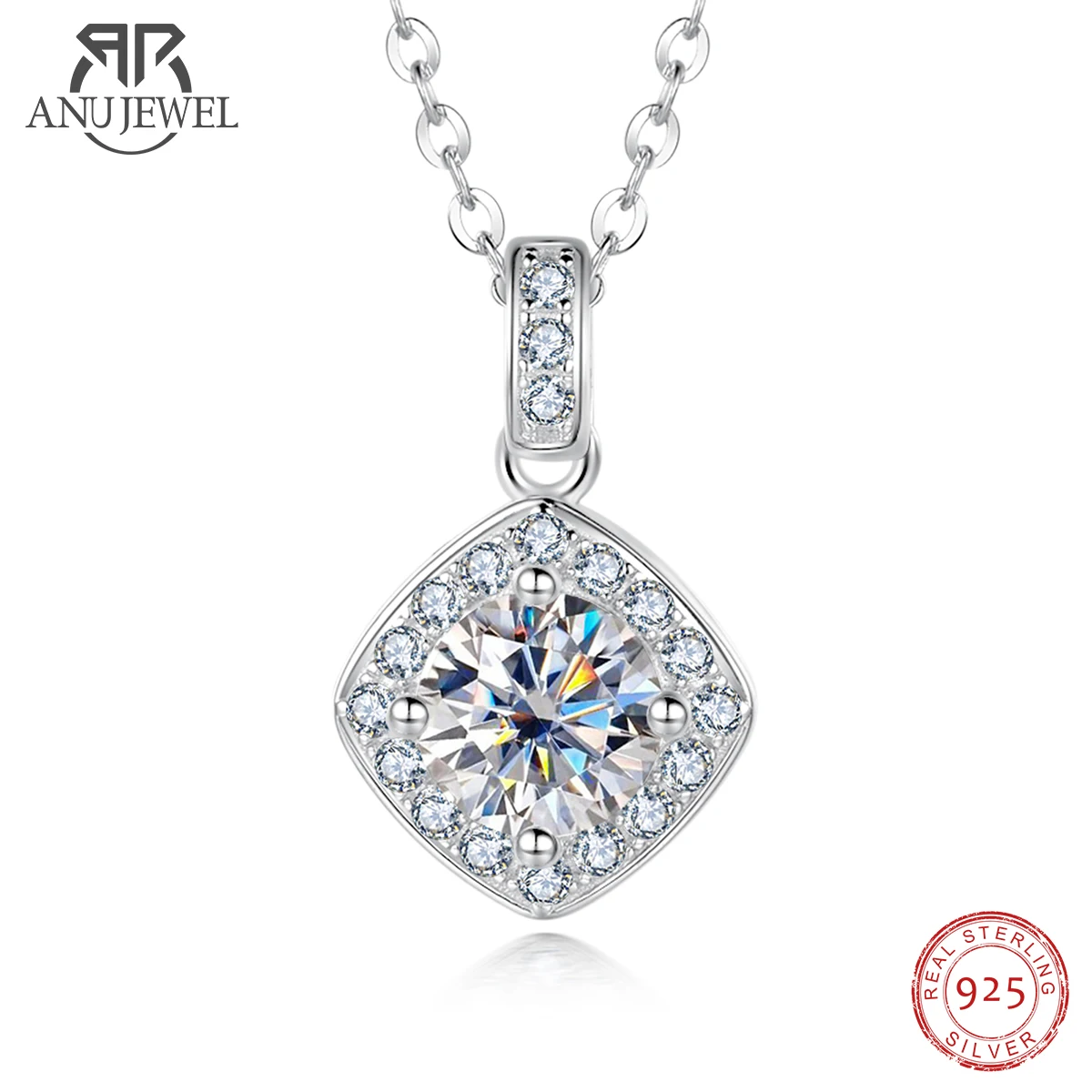 

AnuJewel Cushion 1ct D Color Moissanite Diamond Luxury Pendant 925 Sterling Silver 40+2+3cm Necklace Fine Jewelry Wholesale