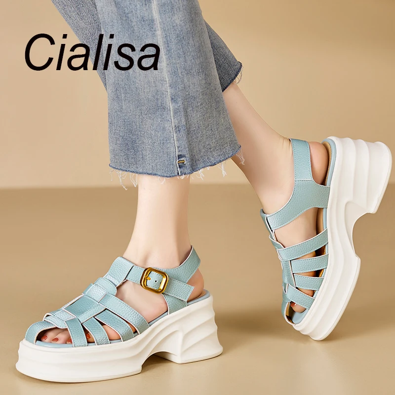 

Cialisa Platform Sandals 2023 Summer Women Shoes Handmade Genuine Leather Buckle Strap Ladies Thick High Heel Rome Sandal 40 New