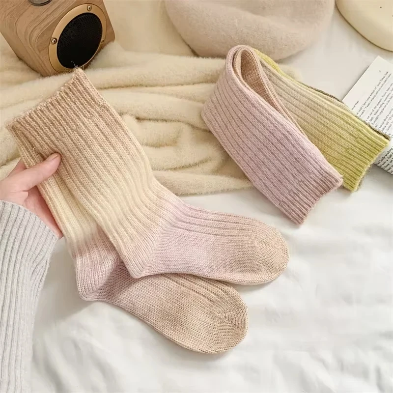 Socks Women Autumn Winter Thick Warm Long Socks Color Gradient Wool Cashmere Thermal Floor Sleeping Socks New Year Gifts