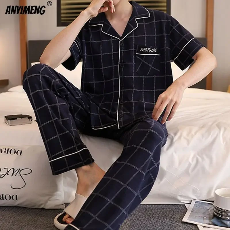 Pajama sets L-5XL Plus Size Mens Sleepwear Summer Short Sleeves Turn-down Collar Pajamas Set Gentleman Homewear Casual Cotton Pijamas