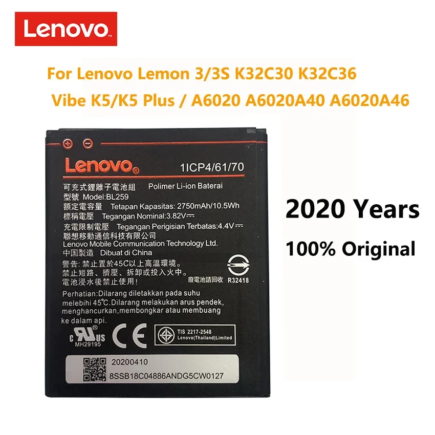 

100% Original 2750mAh BL259 Battery For Lenovo Lemon 3 3S K32C30 K32c36 Vibe K5 / Plus A6020 A6020A40 A6020A46 Batteries