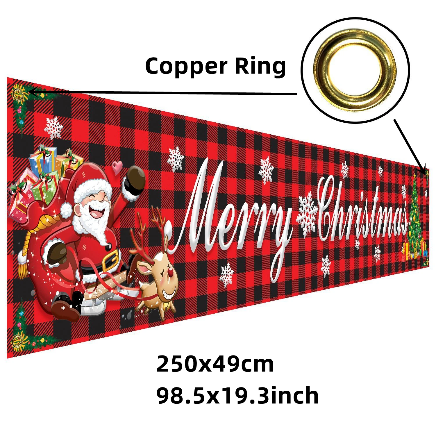 thumbnail image 1 of Pancarta de Feliz Navidad de 250 cm de largo para colgar, pancarta a cuadros estilo búfalo con árbol de Navidad de Papá Noel para decoración de fiestas navideñas en el patio, 1 of 5