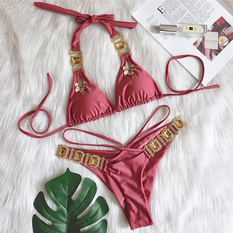 Women's 2 Piece Bikini Swimwear Sexy Rhinestone Swimsuits for Women Bikini Halter Swimsuits
