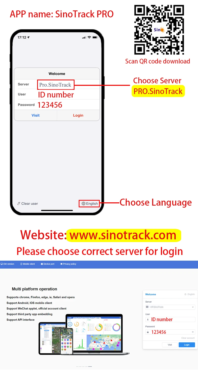 Login screen for SinoTrack web-based tracking platform