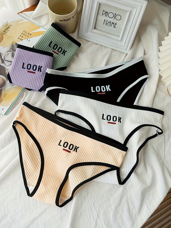 5 pairs of simple pure cotton women's briefs with letter print patterns and sporty women's low-rise underwear