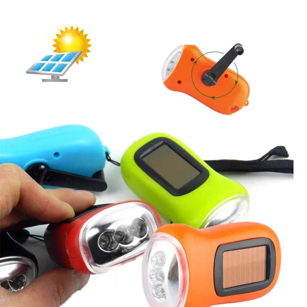 LED Flashlight Hand Crank LED Flashlight Solar Powered Dynamo Emergency Rechargeable Flashlight Power Wind Up Torch Light For Fishing Boating