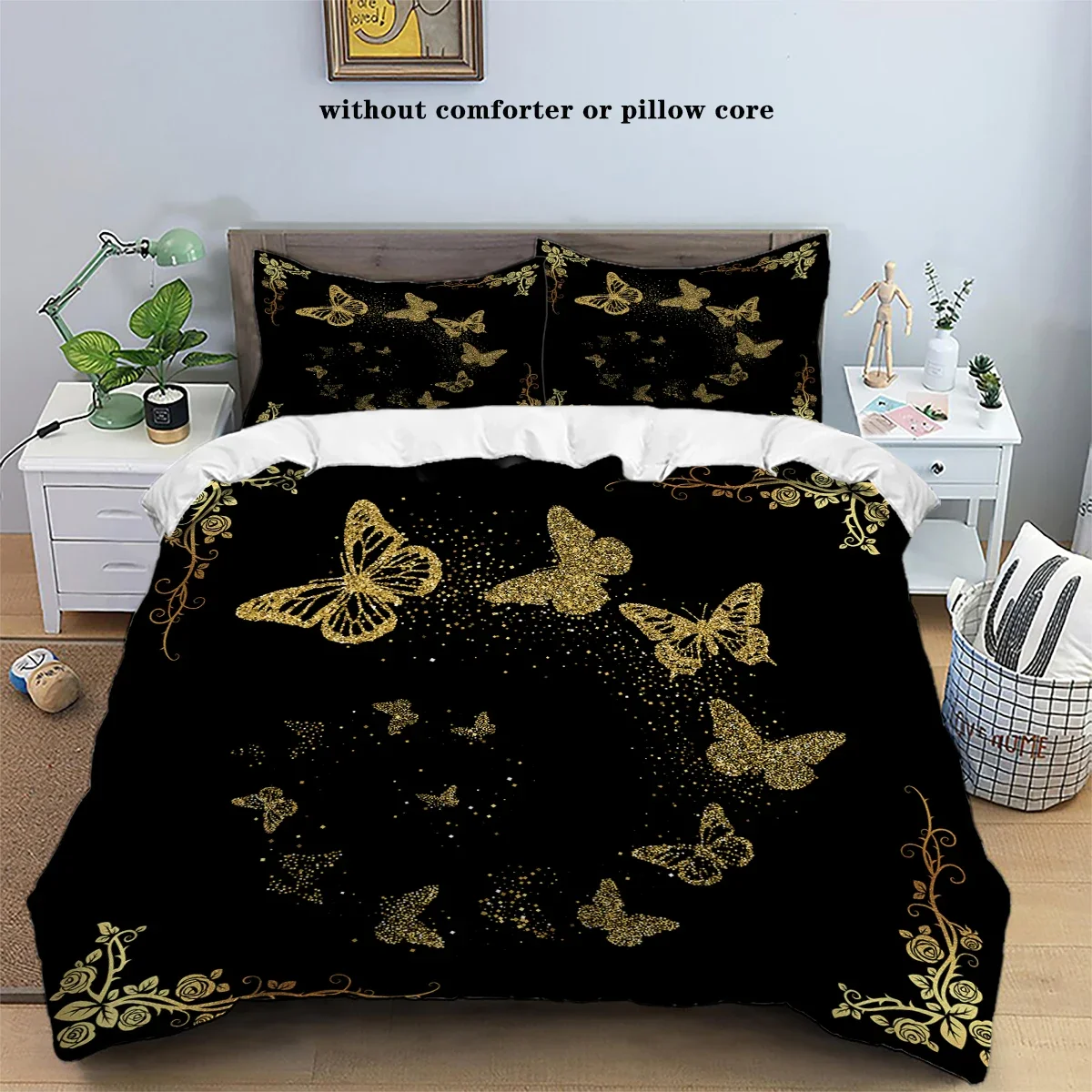 3-piece set of golden butterfly printed down duvet covers (1 down duvet cover+2 pillowcases, no core) soft bedding set