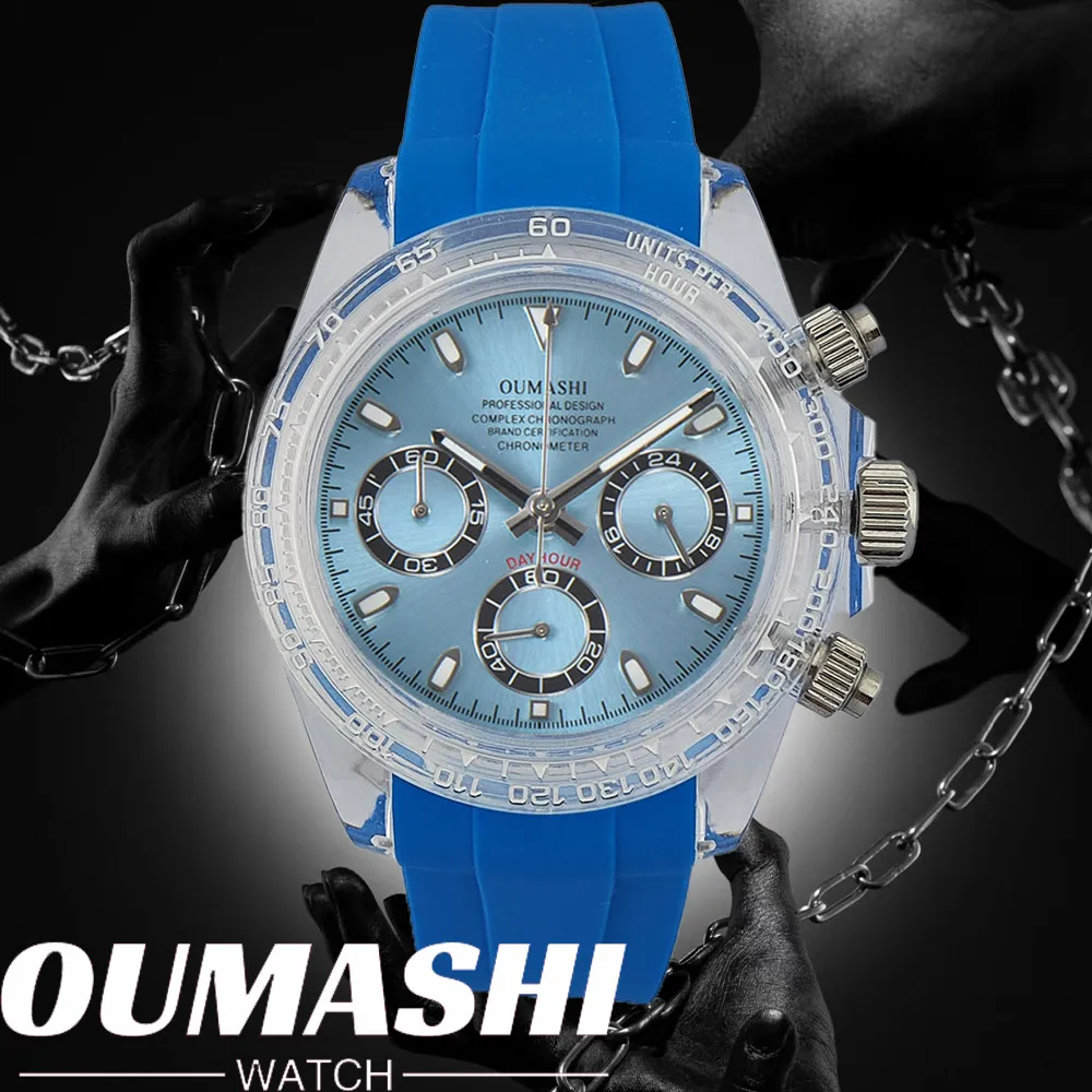 Watches 39.5mm chronograph men's new modified watch plastic transparent case Chronograph VK63 glass luxury watch rubber bracelet