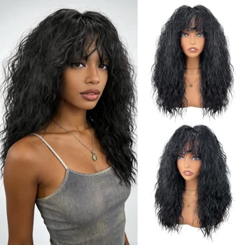 Women's Medium-Length Synthetic Fiber Wig, Black Curly Wig, Fluffy Curls with Bangs, Suitable for Daily Wear and Parties 1