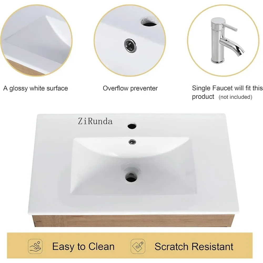 Tocador de ba&ntilde;o flotante de 30 "con 2 puertas y lavabo cer&aacute;mica blanca, tocador flotante