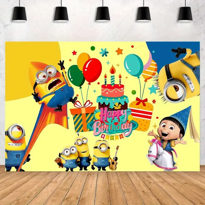 Description Picture 3 of itemIconic Brand Minions Birthday Cake Kids Birthday Party Backdrop Cloth Decoration Boys Girls Photography Props Baby Shower Banner