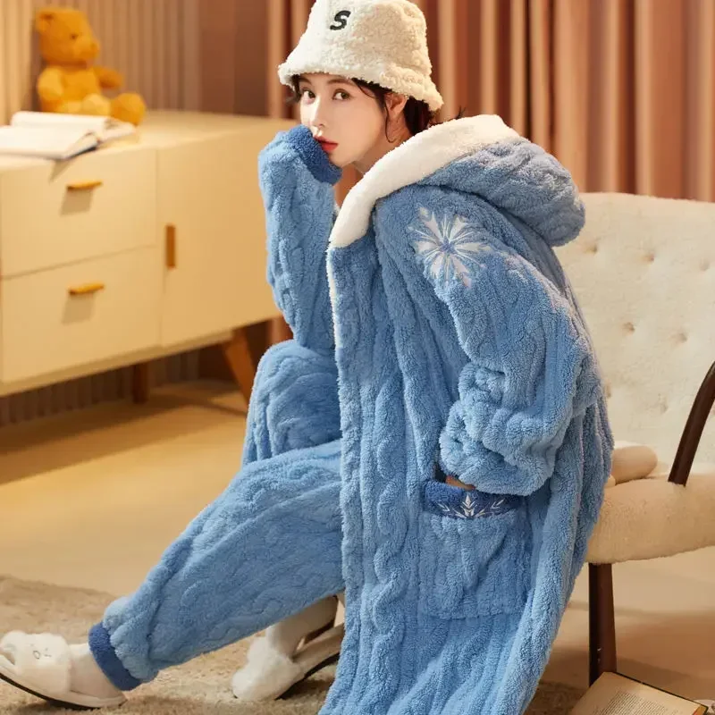 New Winter Women's Flannel Pajama Suit Coral Velvet Pajamas Long Nightgown Household Suit Plush Thicken Korean Fashion