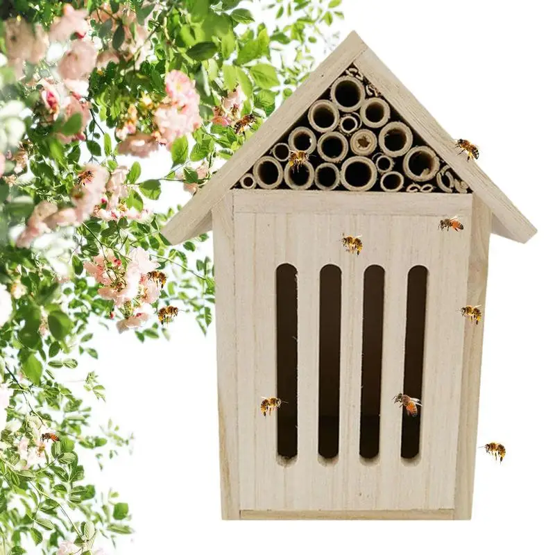 Wood Bee House Natural Wooden Mason Bee Box And Butterfly Hotel Sturdy And Stylish Garden Decoration Durable Hive