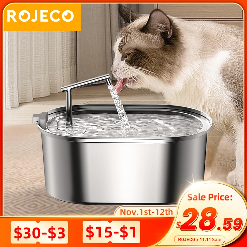 ROJECO Stainless Steel Cat Water Fountain Automatic Cat Drinker Drinking Fountain For Cats Dogs