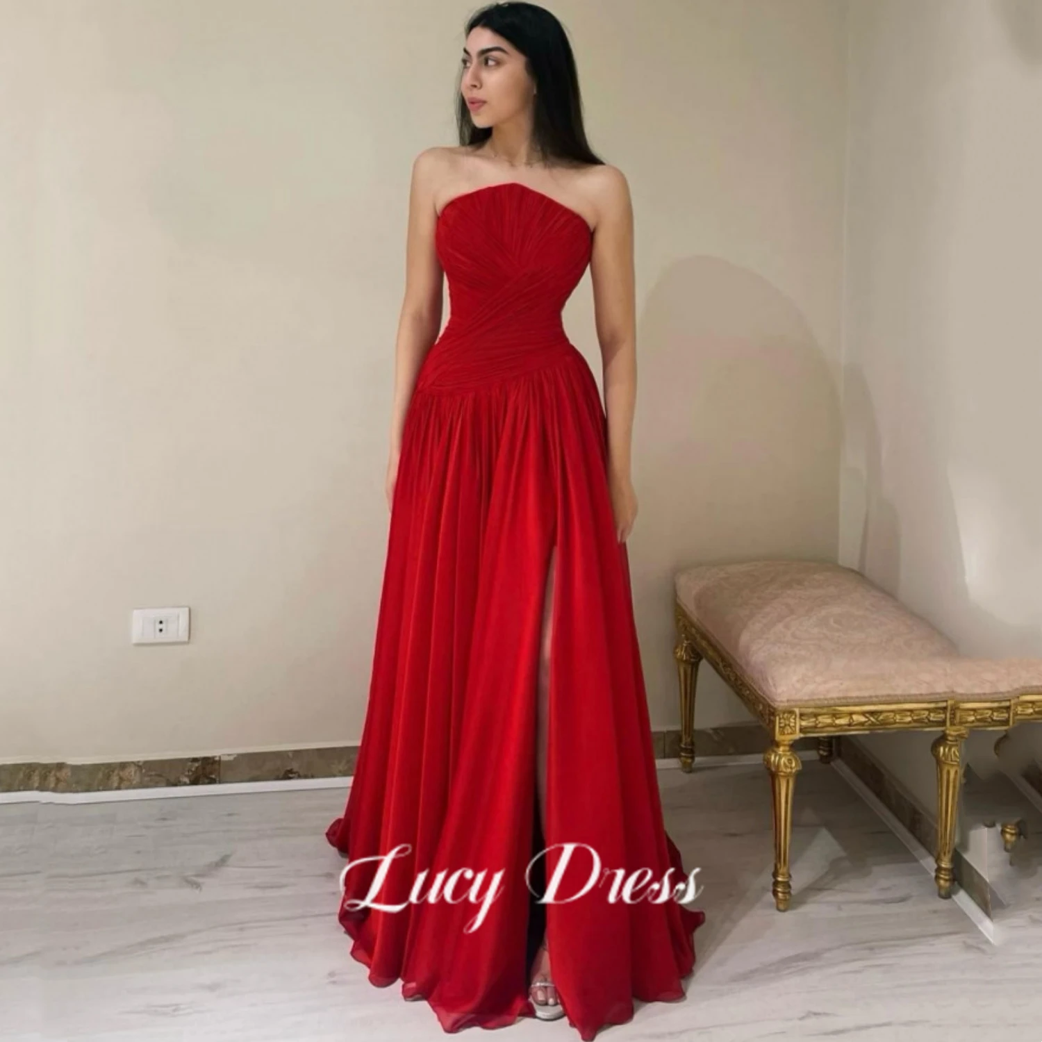 

Lucy Red Elegant Gowns Evening Dress Slit Party Dresses for Special Events Bridesmaid Chiffon Graduate Strapless Reunion Prom