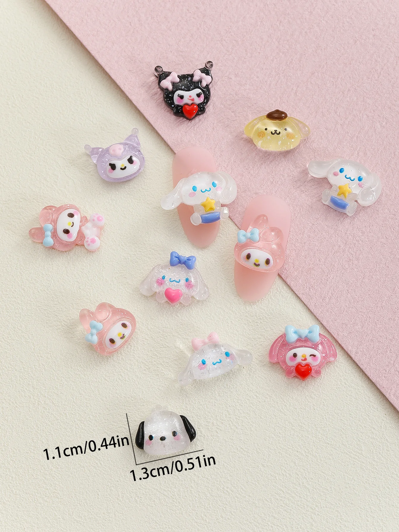 50Pcs/Bag Cartoon Nail Accessories Hand-painted Resin Kuromi Pochacco Hallo Kitty Cinnamon Fruit Melody Accessories