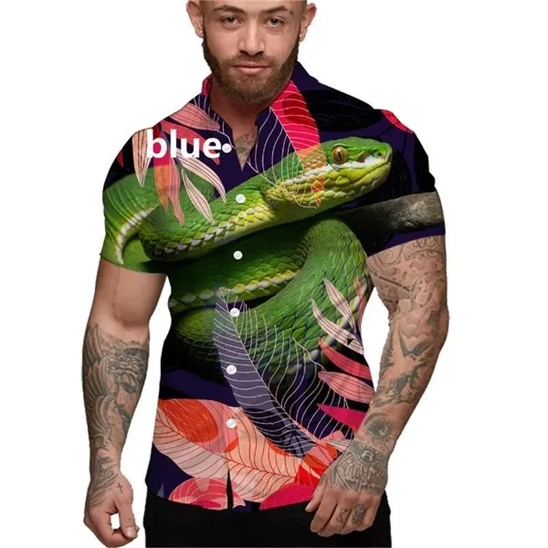 thumbnail image 1 of Camisas con estampado de serpiente en 3D, camisas hawaianas de manga corta de gran tamaño para playa, camisas y blusas casuales con botones para hombres, 1 of 5