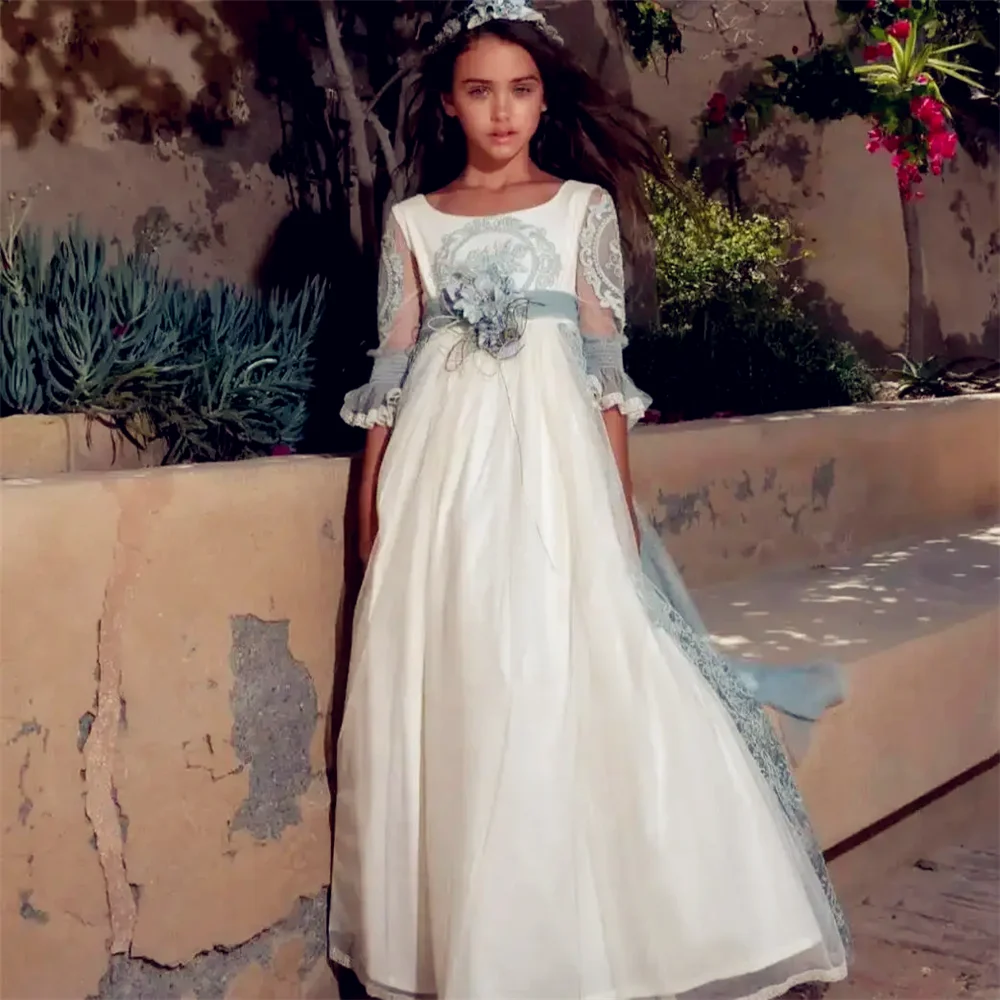 First Communion Gowns White Angel Tulle Lace Printing Flower Girl Dress For Wedding Sleeve Kids Birthday Gift Pageant Princess