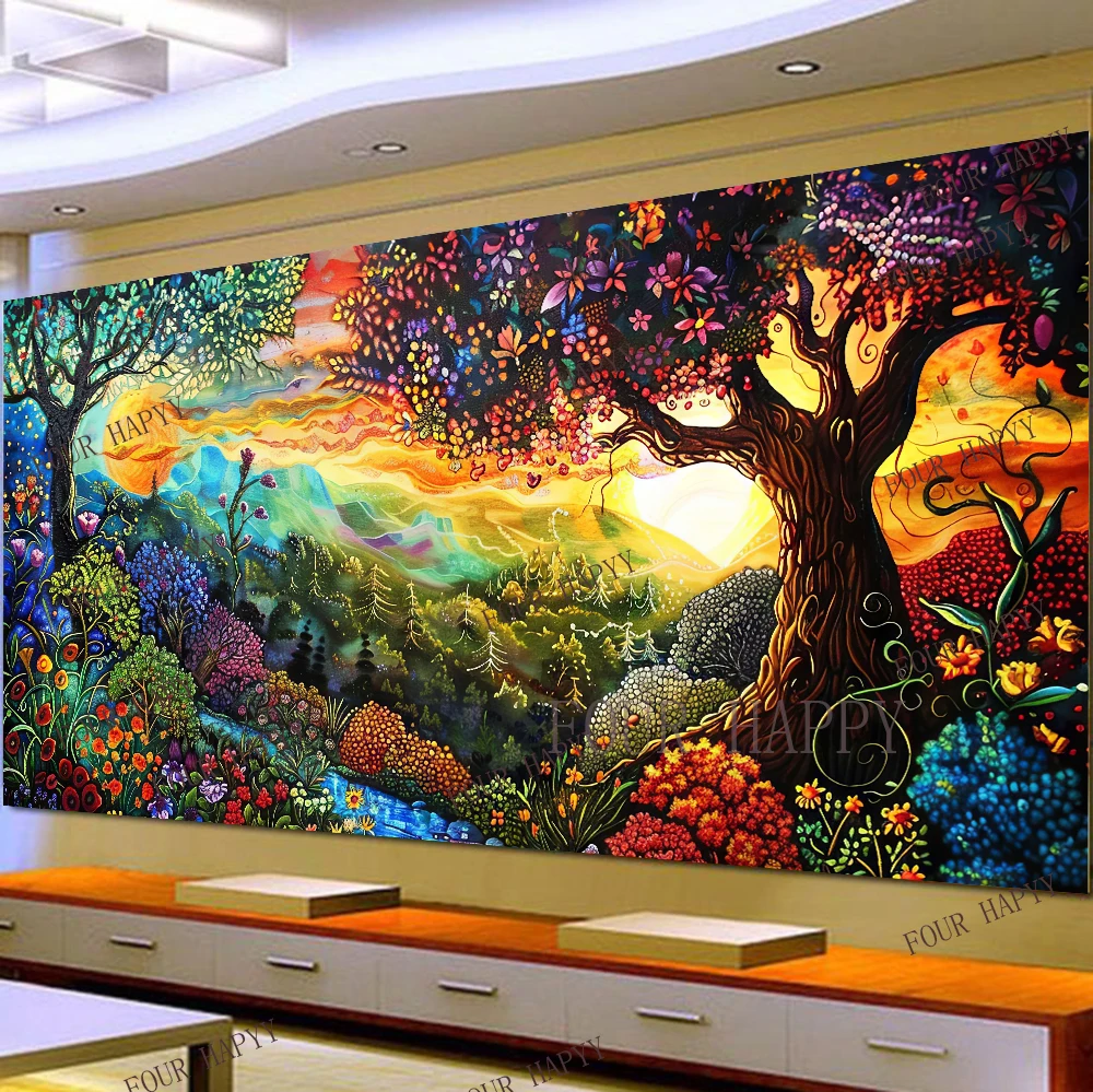 

Алмазная живопись 5D «сделай сам», большая художественная Настенная картина с изображением леса, заката, пейзажа, круглая вышивка, домашний декор