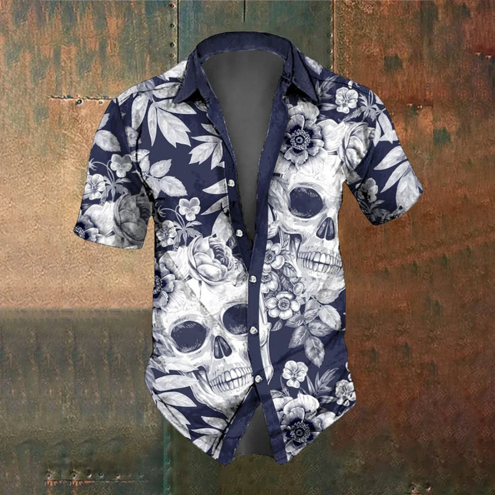 Men's Short-Sleeved Shirt Summer Fashion Retro Horror Skull Print Street Casual Trend Men's Shirt Oversized Tops SIZE S-5XL 4