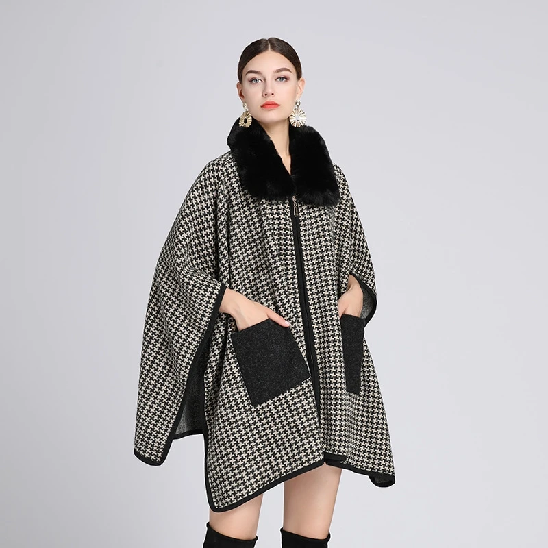 Women Bird Grid Faux Rabbit Fur Cape Winter Poncho Outerwear Street Warm Thick Houndstooth Loose Woolen Coat With Pocket