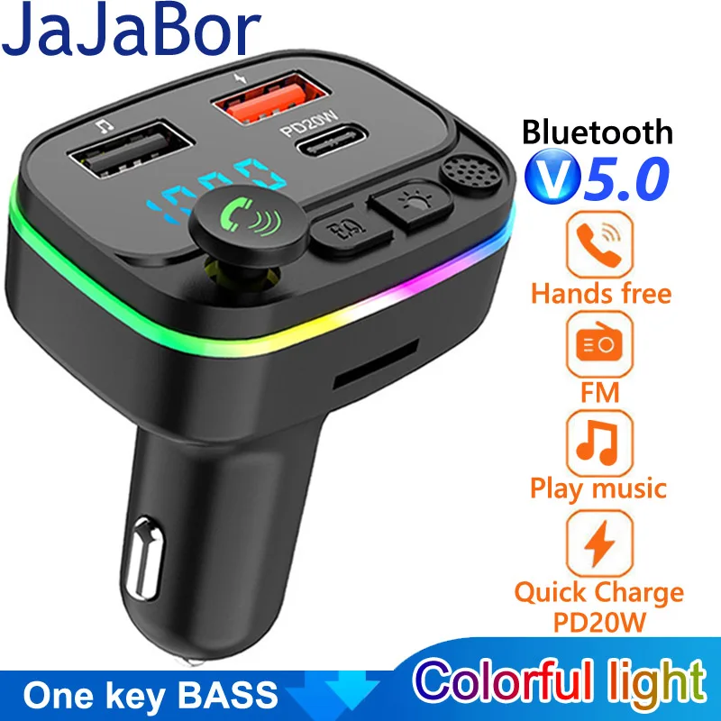 Jajabor Fm Transmitter Car Bluetooth 5.0 Handsfree Car Kit Dual Usb