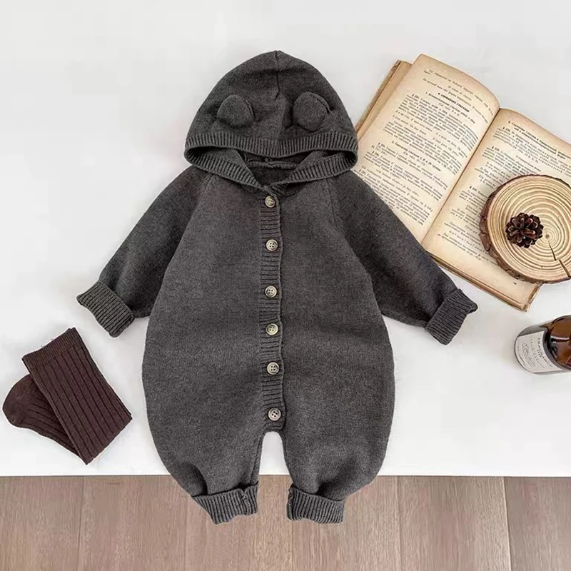 New Autumn Baby Romper Knitted Newborn Girls Jumpsuit Outfit Hooded Toddler Children Clothing Cartoon Bear Ears Knitted Clothing 5