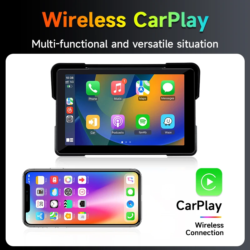 JMCQ GPS Navigation Motorcycle IPX7 Waterproof Apple Carplay Display Screen Portable Motorcycle Wireless Android Auto Monitor