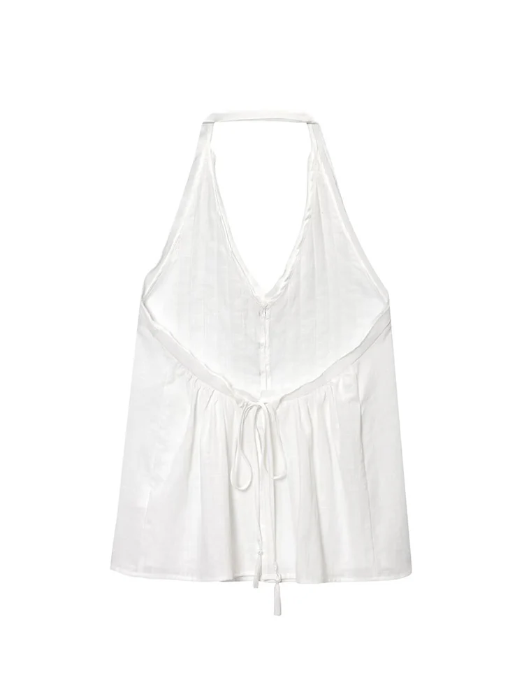 TFMLN Chic Women Halter Neck Tank Tops Summer Fashion Backless Pleated Sexy Tops Female White Casual Beach Party Club Wear