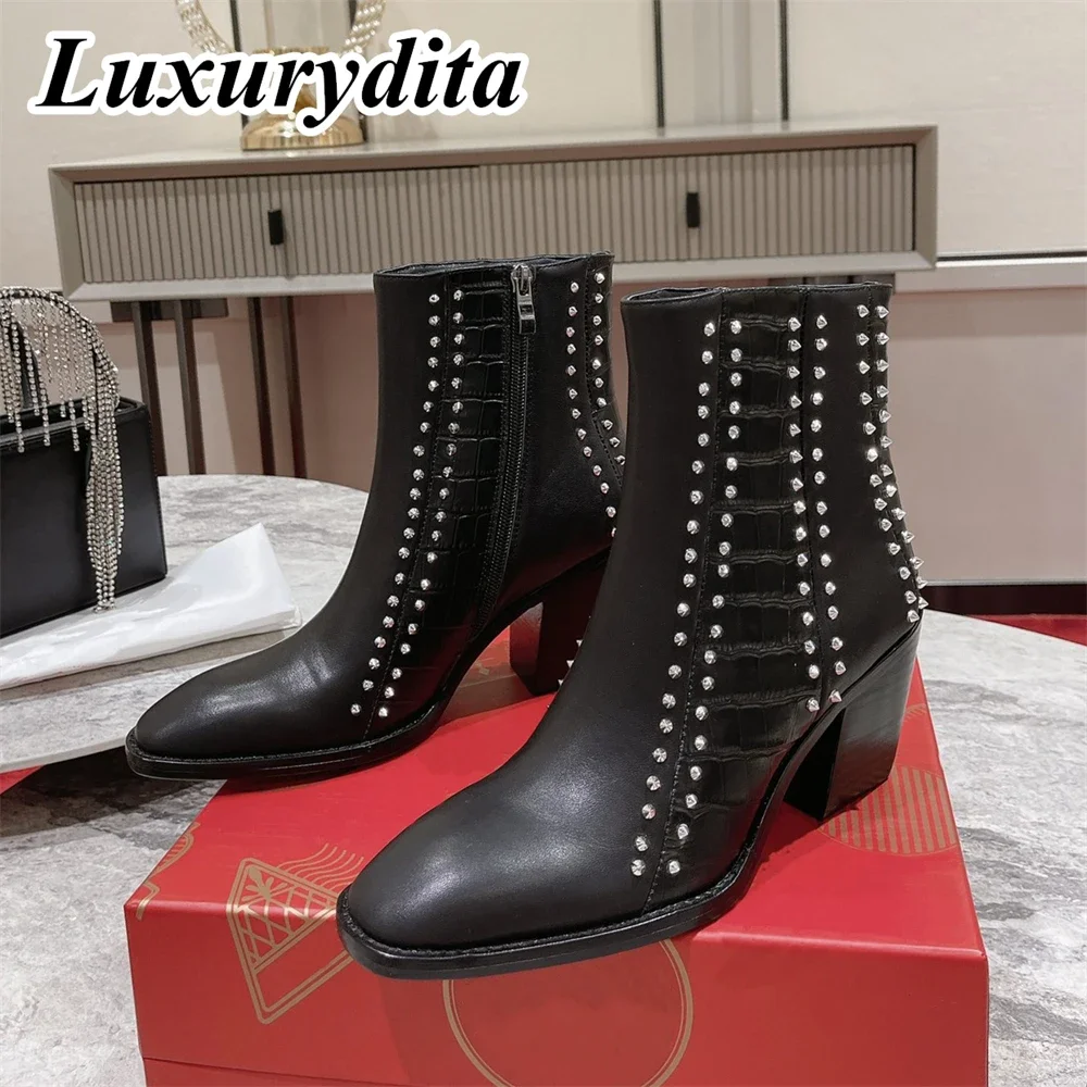 

LUXURYDITA Designer Womens High heels boot Luxury Real Leather Ankle boots Red heel Retro Classic thigh high long boots H727