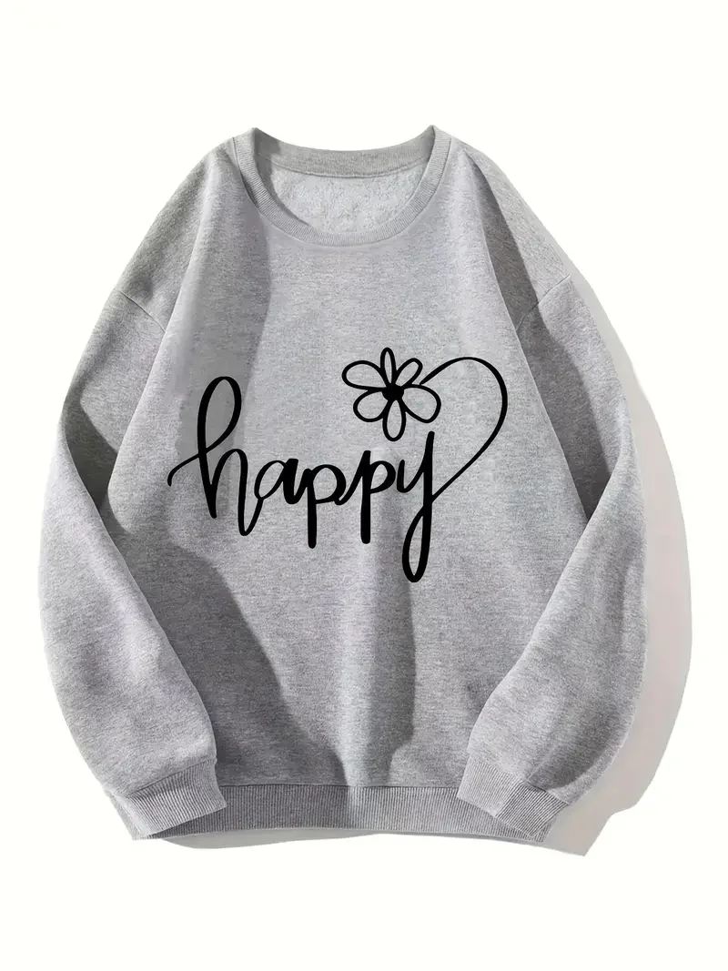 Happy Print Casual Long-Sleeved Sweatshirt, Pullover Loose Crew Neck Sweatshirt, Aesthetic Tops For Women