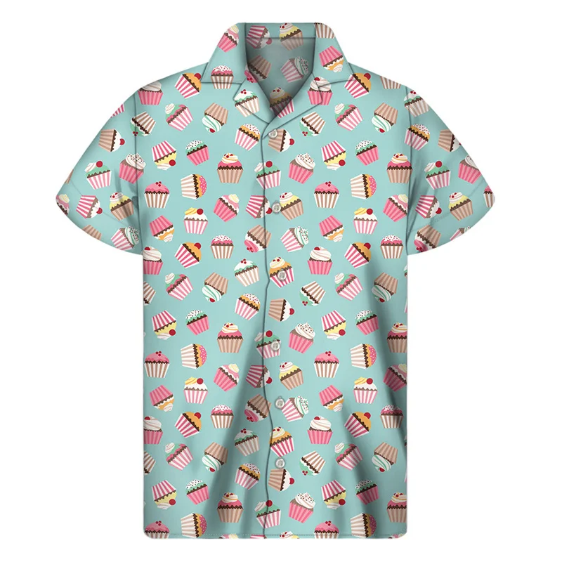 thumbnail image 1 of Camisas hawaianas con estampado 3D de cupcakes de dibujos animados para hombre, camisas con solapa de comida, camisetas holgadas de verano para la calle, blusas de manga corta con botones, 1 of 5