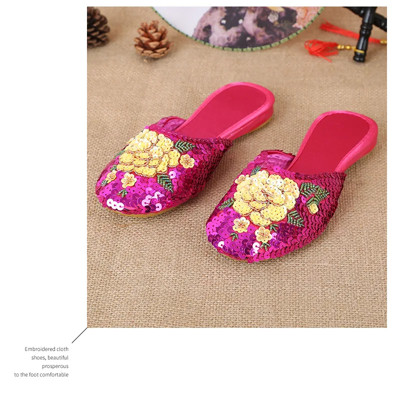 36-40 Women Slippers Sequin Embroider Shoes Summer Silk Fabric Flats Flower Closed Toe Soft Sole Non-slip Chinese Style Footwear