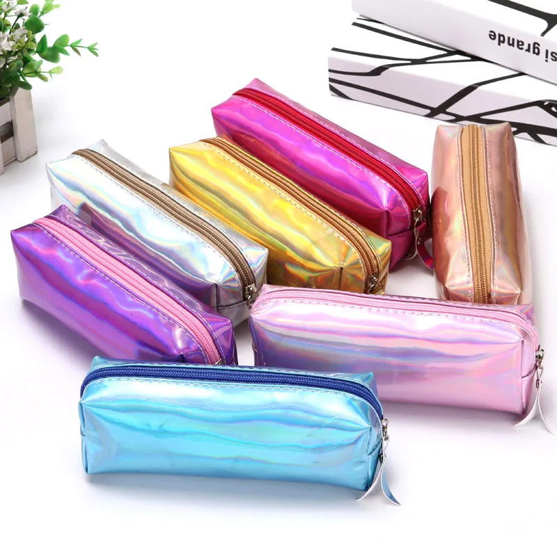

15 pcs/lot Fashion Laser Pencil Case Kawaii PU Leather Pencil Box Stationery Pen Bag Stationery School Supplies