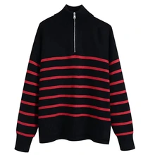 

Maxdutti Enlgand Style Fashion Striped Sweaters Women High Street Mock Neck Zippers 2022 Winter Sweaters Women Pullovers Tops