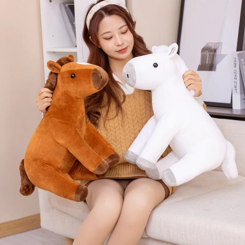 60/80CM Simulation Sitting Horse Plush Toys Lifelike Brown White Horse Dolls Stuffed Soft Animal Toys Kids Birthday Decor Gift