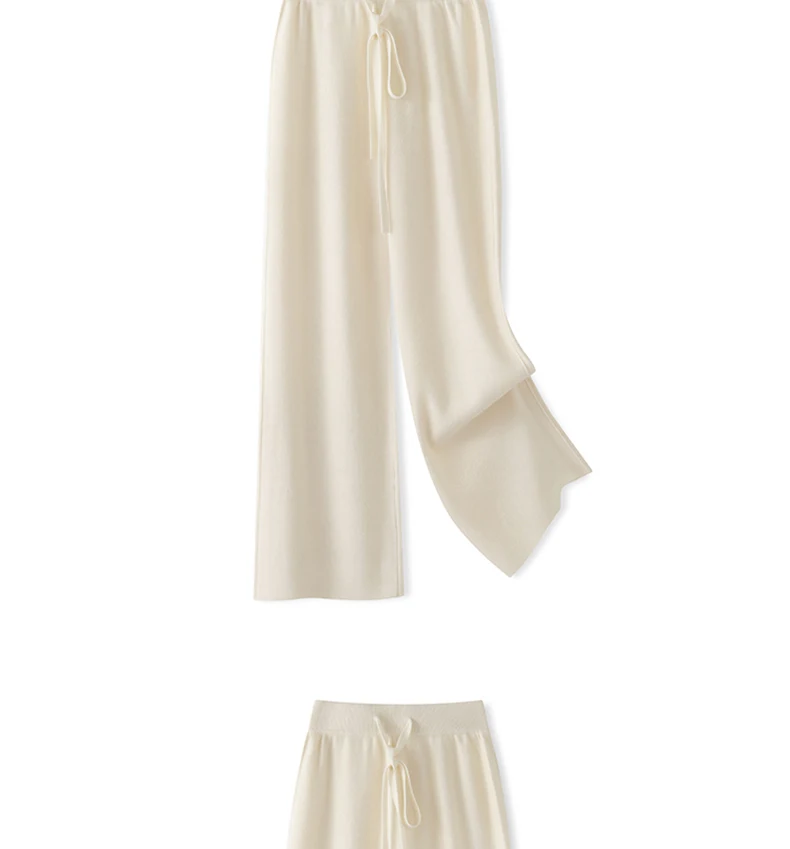 بنطلون نسائي جديد من الصوف الميرينو 100٪ بتصميم مستقيم الساق للربيع والخريف، سميك وعملي بخصر مرتفع وفضفاض، بنطلون محبوك واسع الساق