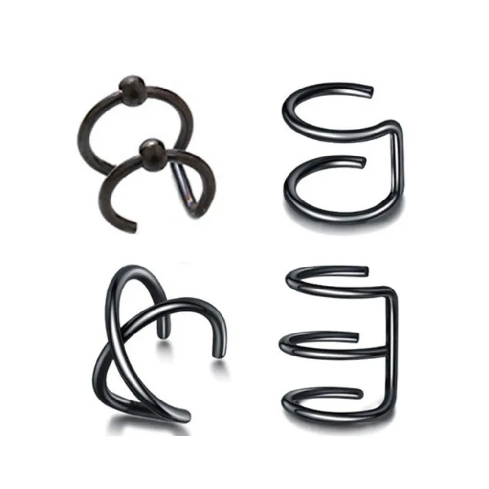Stainless Steel Black Ear Criss Cross Double Lines Adjustable Ear Cuff Earrings Non-Piercing Fake Cartilage Clip On Women 2-4pcs ear clip earrings,clip earrings,ear clip,ear accessories