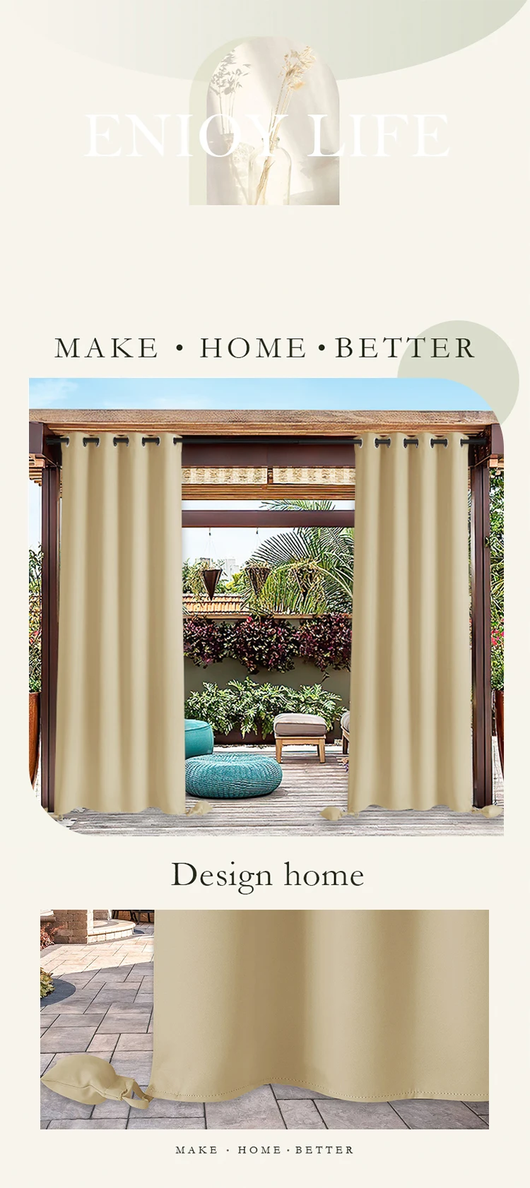 Waterproof Outdoor Curtain Panels Blackout Patio Curtains for for Sliding Door / Foyer / Arbor / Lanai Custom Beige, 1 Panel