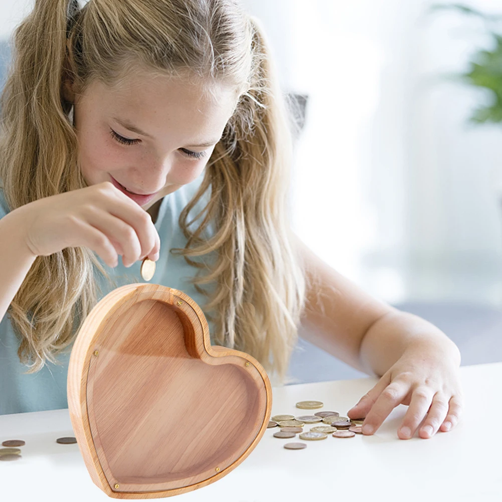 Wooden Piggy Bank Heart Shaped Coin Bank Transparent Love Piggy Bank Desktop Money Pot for Boys Girls Birthday Gift 3