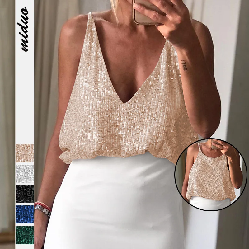 

2023NewSummer Womens Sequin Vest Sleeveless Suspender Vest Solid Color Shiny Nightclub Party Blouse Crew Neck Womens Tops V-neck