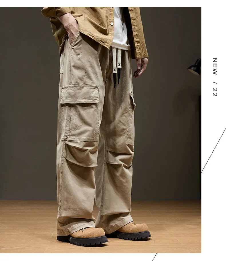 Men's Baggy Cargo Pants with Pockets 100% Cotton Drawstring Elastic Waist Wide Leg Outdoor Casual Pants Plus Size 8XL Se05ac1ef340f44d38afdd02052b255d7Y