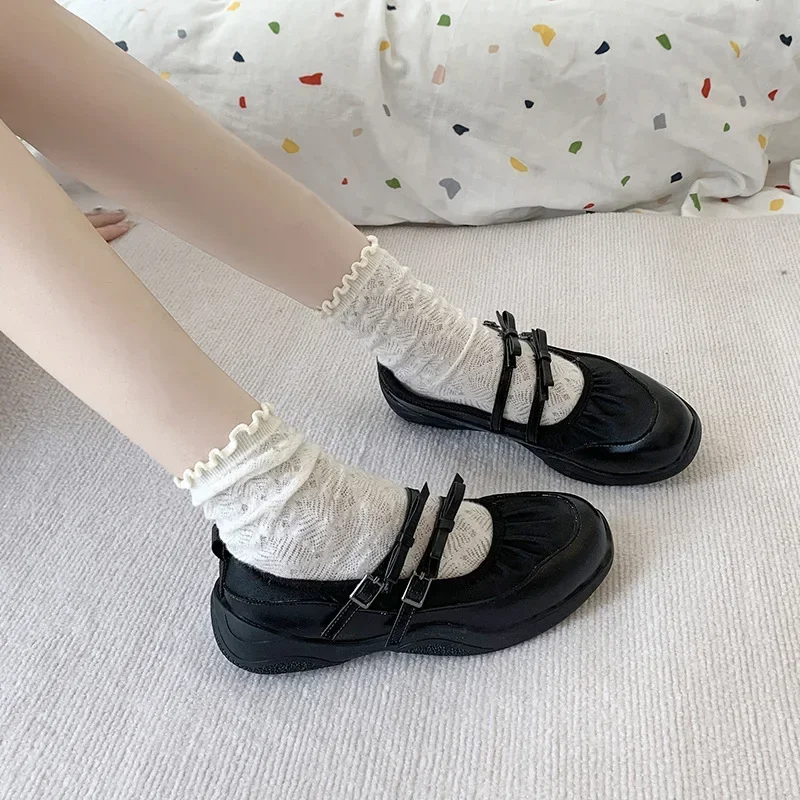 Silver Mary Jane Shoes for Women Sneakers New Fashion Bowknot Belt Buckle Casual Shoes Soft Leather Platform Walking Flats