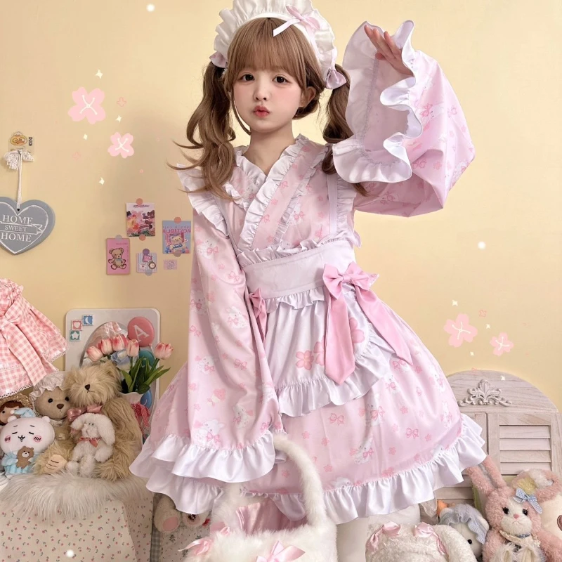 Japanese Kawaii Lolita Dress Women Sweet Cute Bunny Print Bow Party Mini Dresses Harajuku Y2k Ruffes Apron Maid Lolita Set