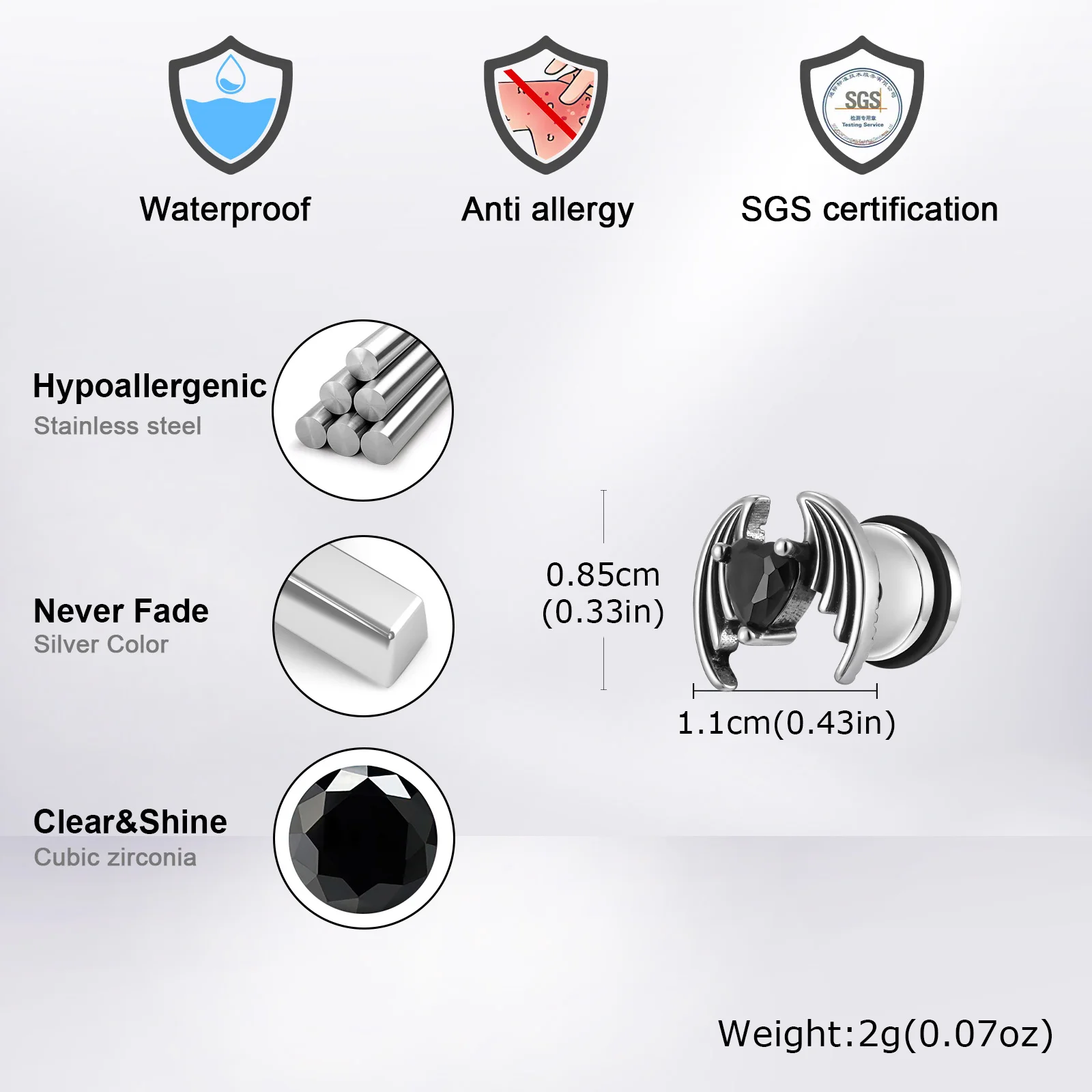 Gothic Wing Stainless Steel Stud Earrings for Men,Anti Allergy Black Heart Crystal Zircon Earring,PUNK Halloween Jewelry Gift