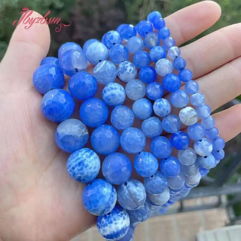 

8.10.12mm Faceted Round Blue Fire Natural Agates Stone Bead for DIY DIY Charm Bracelet Necklace Pendant Ring Jewelry Making 15"