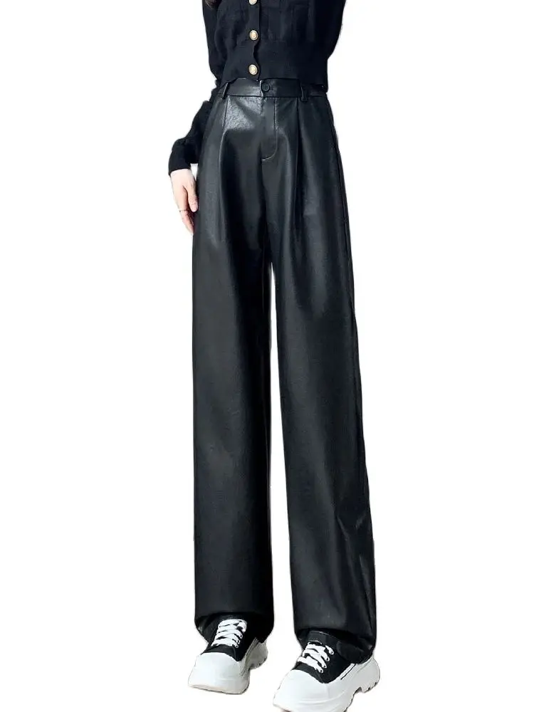 

Women Straight-Leg PU Pants High Waist Loose Streetwear Women Trousers 2023 New Autumn Winter Fashion Women Casual Pant