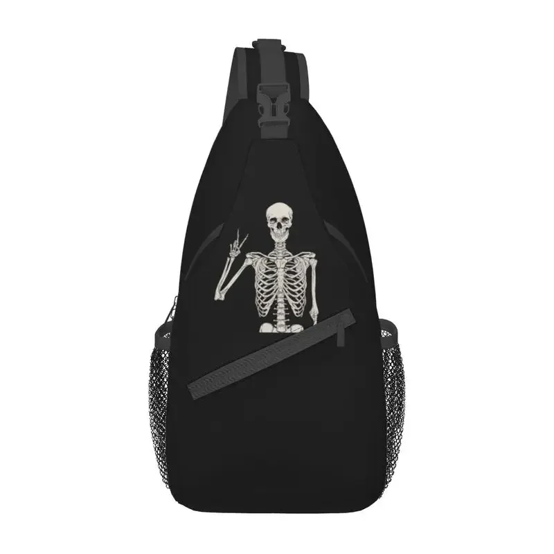 

Funny Skull Skeleton Crossbody Sling Backpack Men Custom Gothic Halloween Bones Art Chest Shoulder Bag for Traveling Daypack
