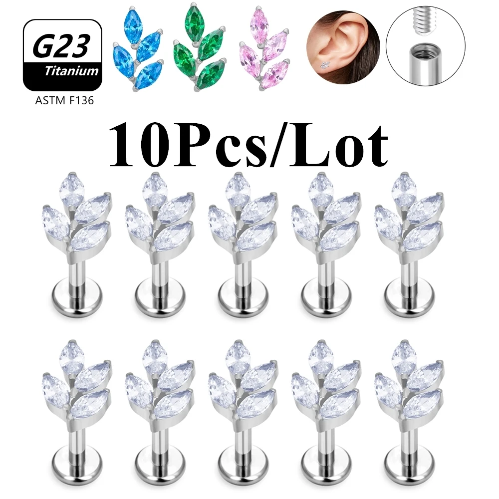 

10PCS ASTM F136 Titanium Piercing 16G CZ Lip Labret Bar Ear Helix Tragus Rook Barbells Stud Leaf Shaped Cartilage Wholesale