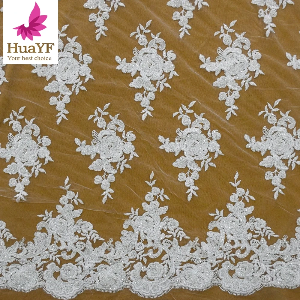 

Hot selling white sequins beaded embroidery lace ivory wedding bridal dress fabric HY1777